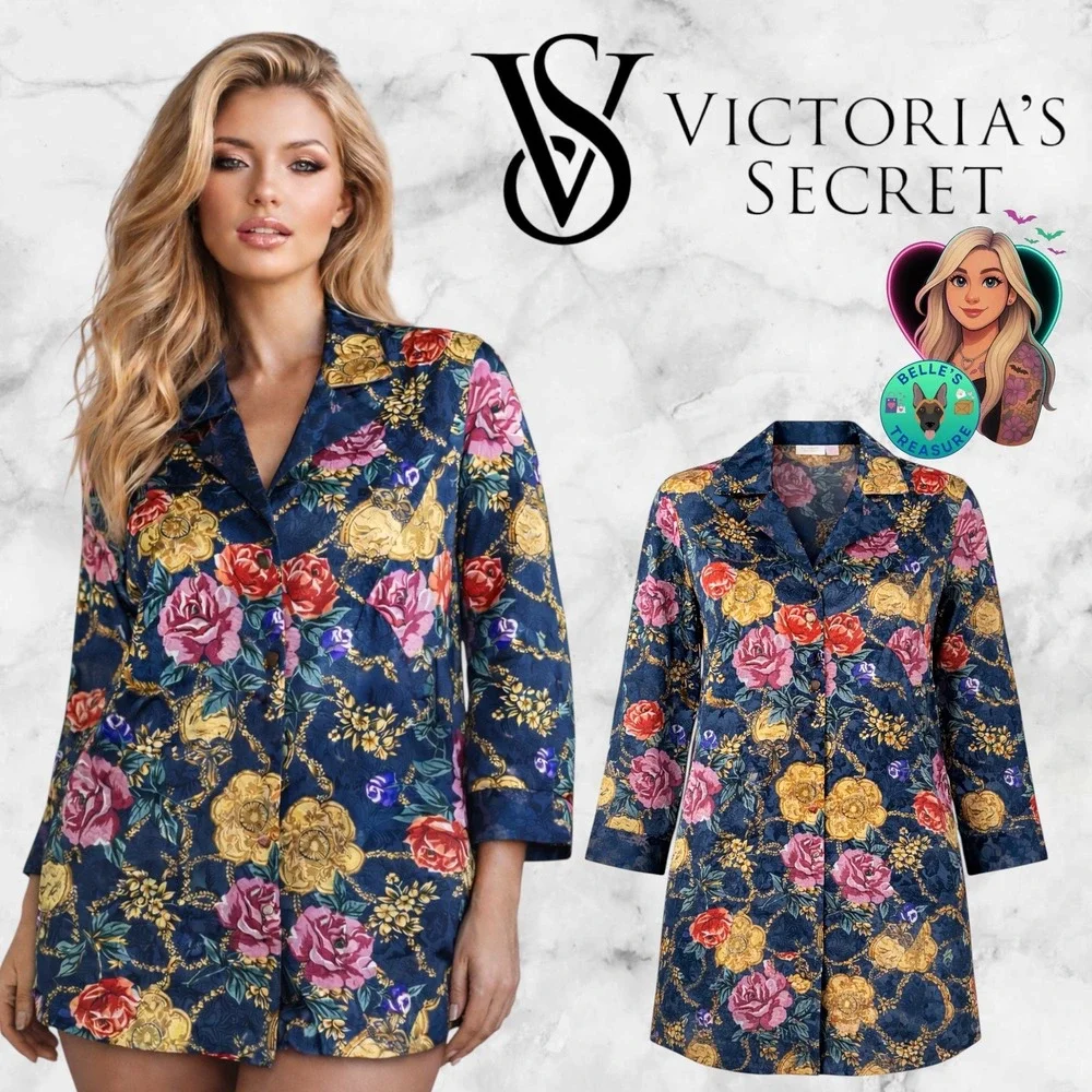 Vintage Victoria's Secret Gold Label Floral Satin Sleep Shirt Nightgown Robe M/L